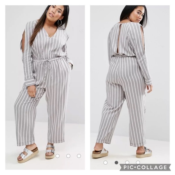 Asos Gray Striped Jumpsuit Sz 14 Women’s Cold Shoulder Open Back Long Sleeve - Picture 1 of 12
